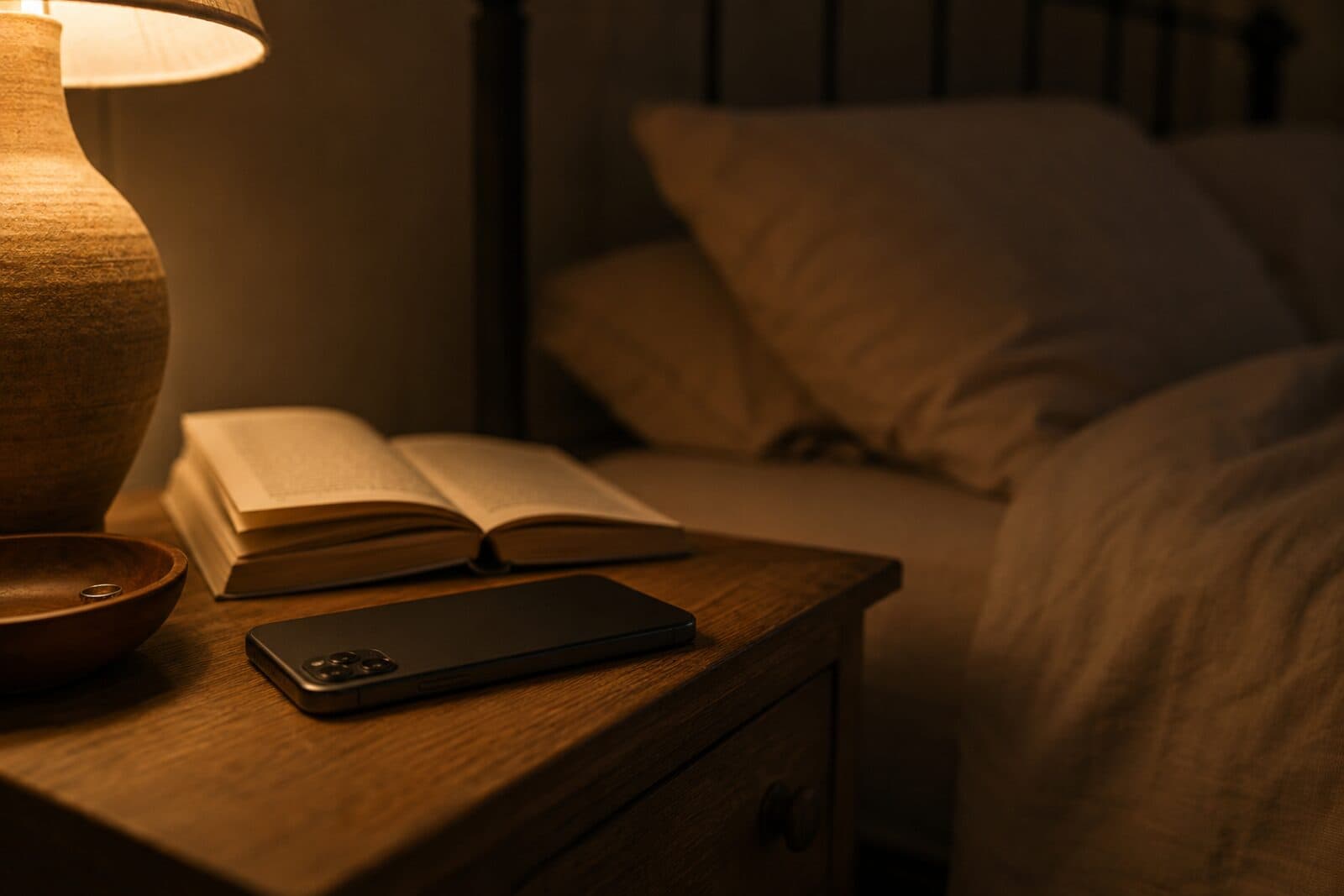 Ein Handy liegt mit dem Bildschirm nach unten auf einem Nachttisch neben Lampe und Buch