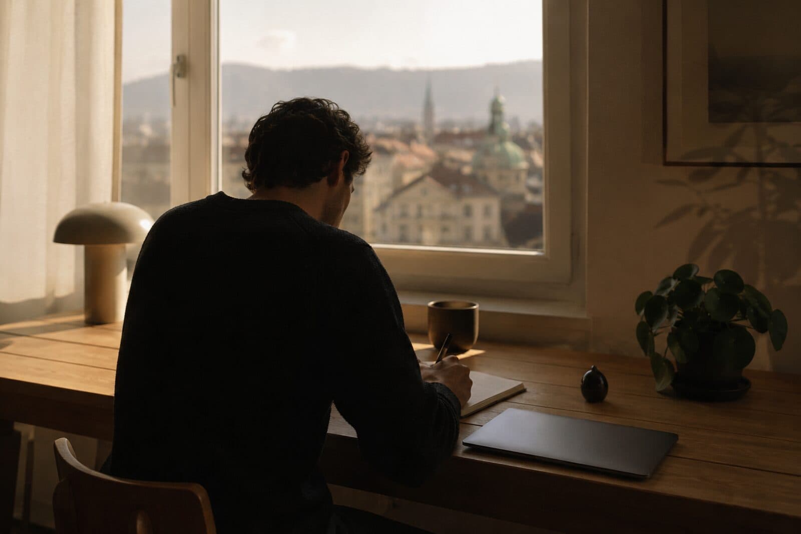 Eine Person arbeitet konzentriert an einem aufgeräumten Holzschreibtisch im Morgenlicht